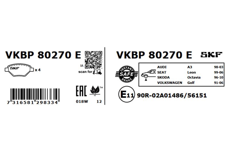 SKF VKBP80270E Комплект гальмівних накладок, дискове гальмо