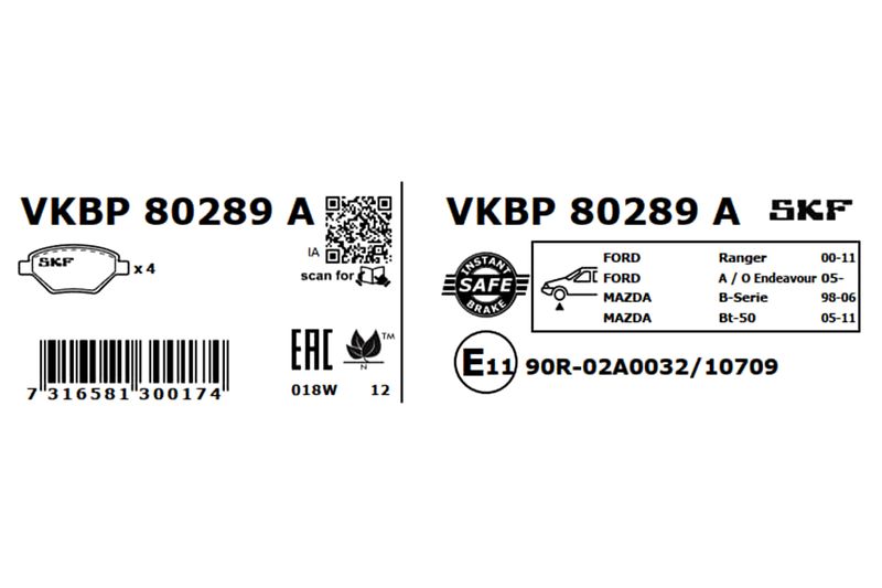 SKF VKBP80289A Комплект гальмівних накладок, дискове гальмо