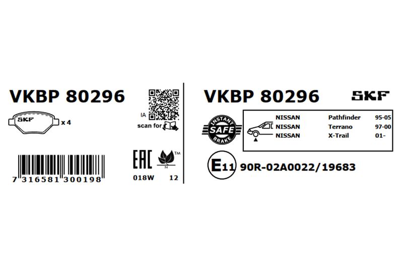 SKF VKBP80296 Комплект гальмівних накладок, дискове гальмо