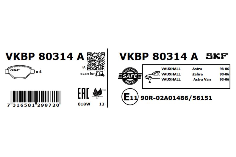 SKF VKBP80314A Комплект гальмівних накладок, дискове гальмо