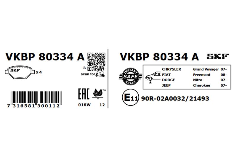 SKF VKBP80334A Комплект гальмівних накладок, дискове гальмо