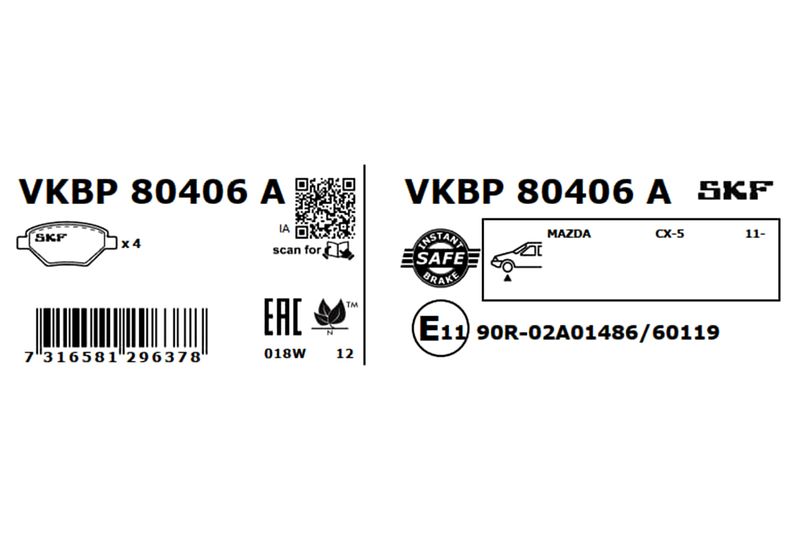 SKF VKBP80406A Комплект гальмівних накладок, дискове гальмо