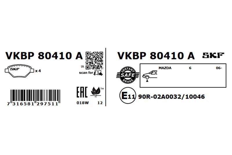 SKF VKBP80410A Комплект гальмівних накладок, дискове гальмо
