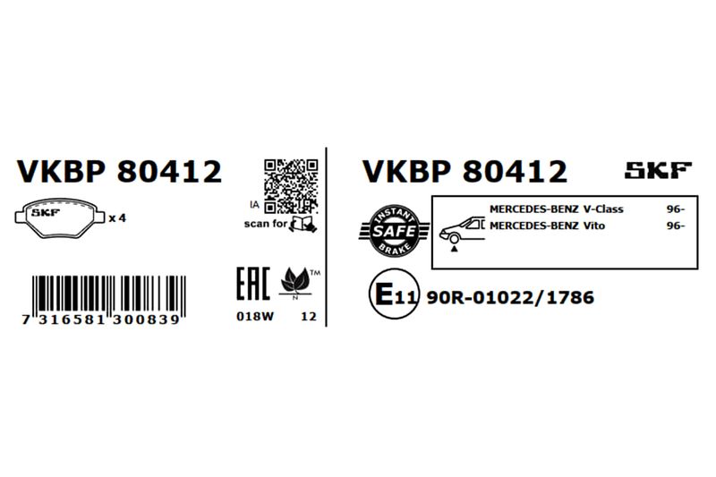 SKF VKBP80412 Комплект гальмівних накладок, дискове гальмо
