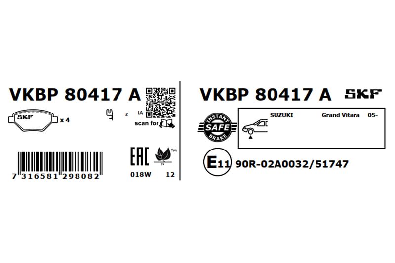 SKF VKBP80417A Комплект гальмівних накладок, дискове гальмо