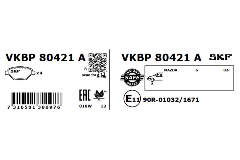 SKF VKBP80421A Комплект гальмівних накладок, дискове гальмо