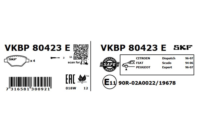 SKF VKBP80423E Комплект гальмівних накладок, дискове гальмо