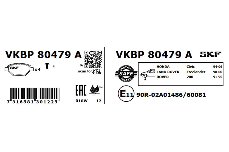 SKF VKBP80479A Комплект гальмівних накладок, дискове гальмо