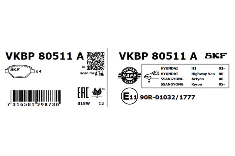 SKF VKBP80511A Комплект гальмівних накладок, дискове гальмо