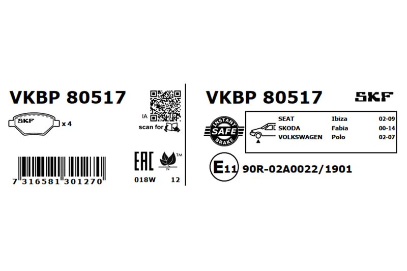 SKF VKBP80517 Комплект гальмівних накладок, дискове гальмо