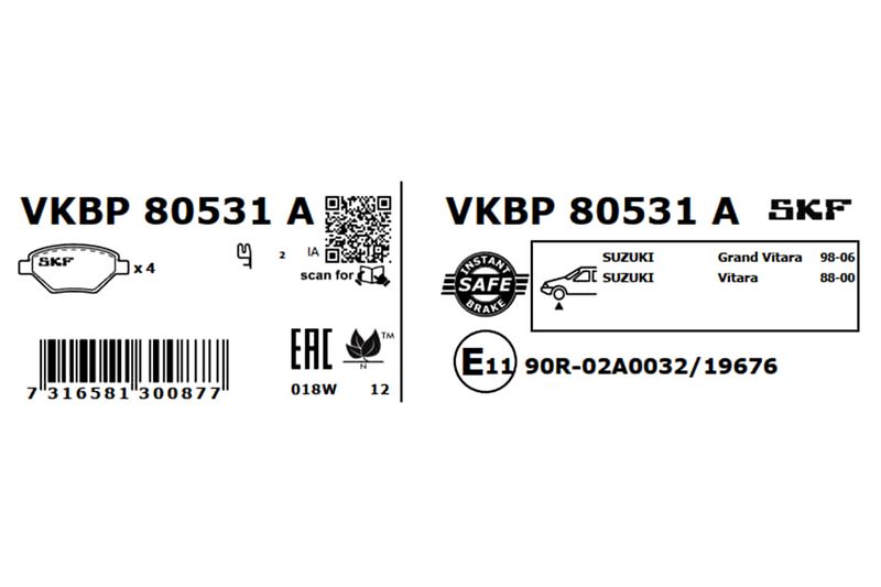SKF VKBP80531A Комплект гальмівних накладок, дискове гальмо