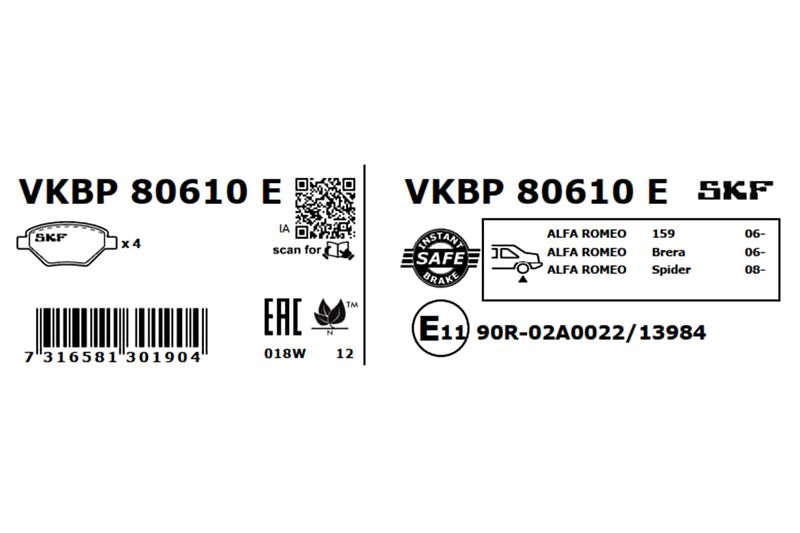 SKF VKBP80610E Комплект гальмівних накладок, дискове гальмо