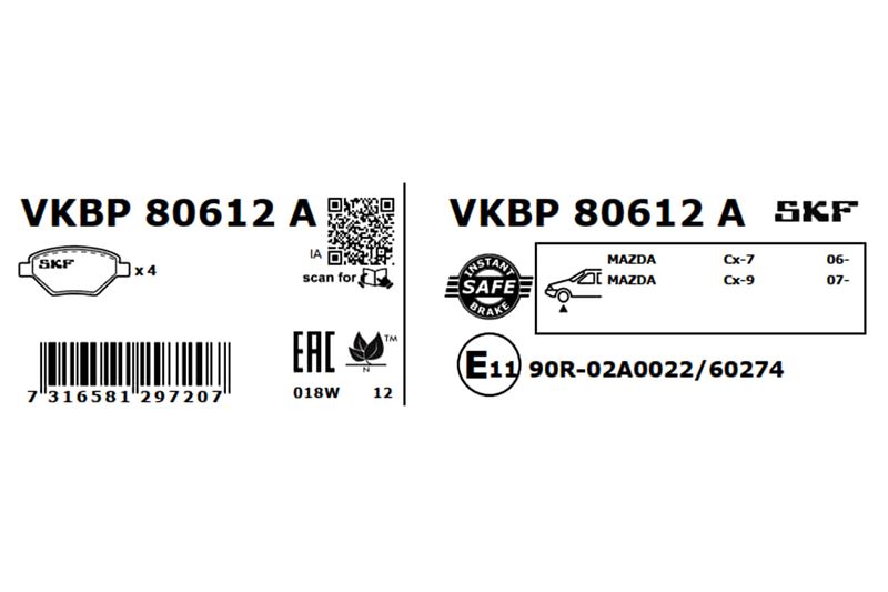 SKF VKBP80612A Комплект гальмівних накладок, дискове гальмо
