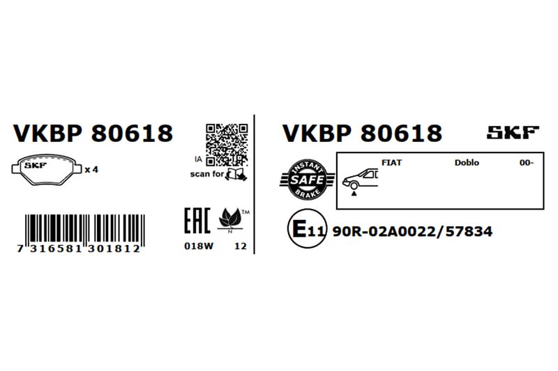 SKF VKBP80618 Комплект гальмівних накладок, дискове гальмо