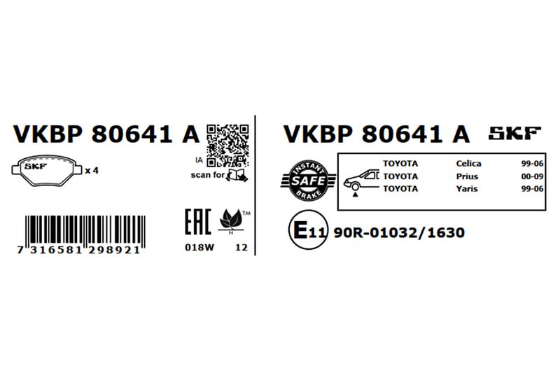 SKF VKBP80641A Комплект гальмівних накладок, дискове гальмо