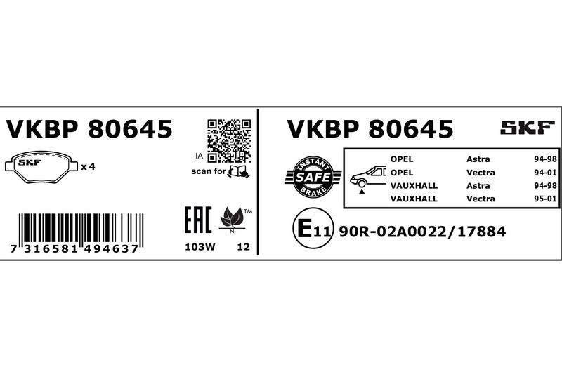 SKF VKBP80645 Комплект гальмівних накладок, дискове гальмо