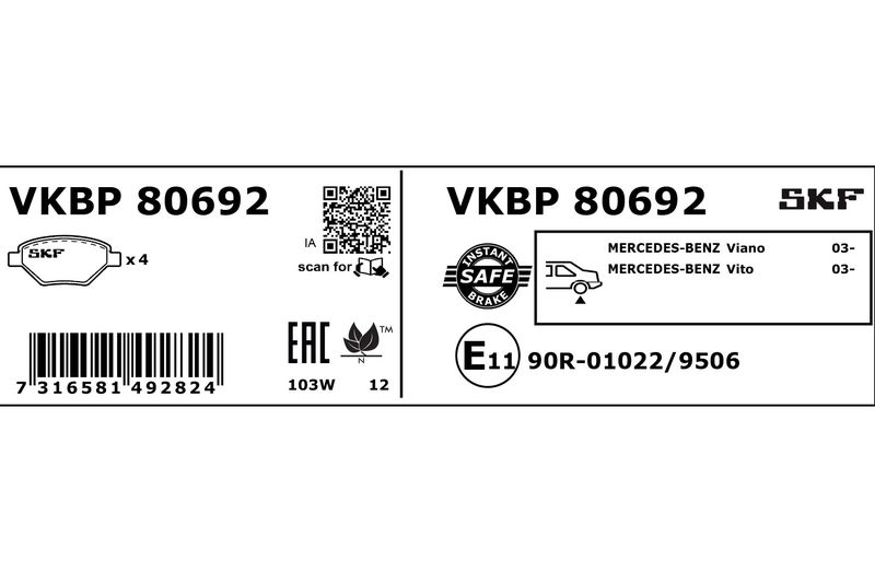 SKF VKBP80692 Комплект гальмівних накладок, дискове гальмо