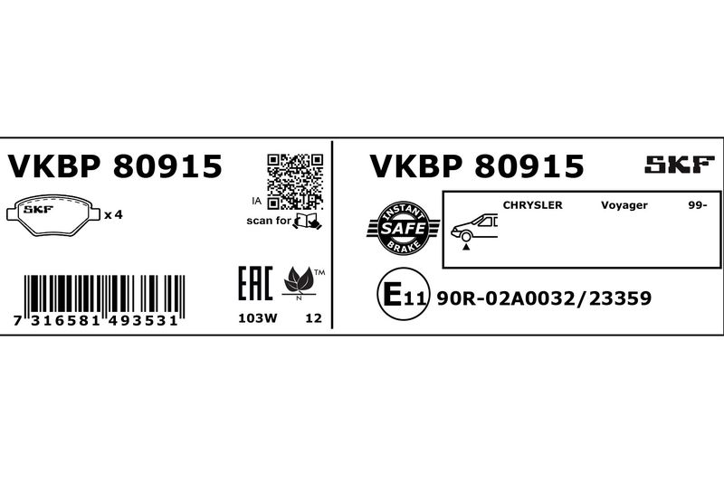 SKF VKBP80915 Комплект гальмівних накладок, дискове гальмо