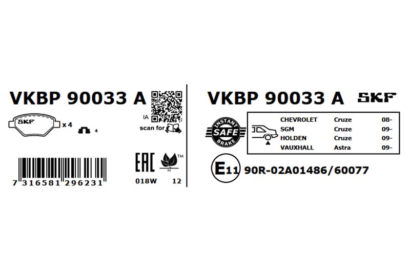 SKF VKBP90033A Комплект гальмівних накладок, дискове гальмо