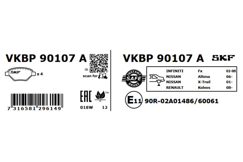 SKF VKBP90107A Комплект гальмівних накладок, дискове гальмо