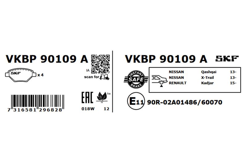 SKF VKBP90109A Комплект гальмівних накладок, дискове гальмо