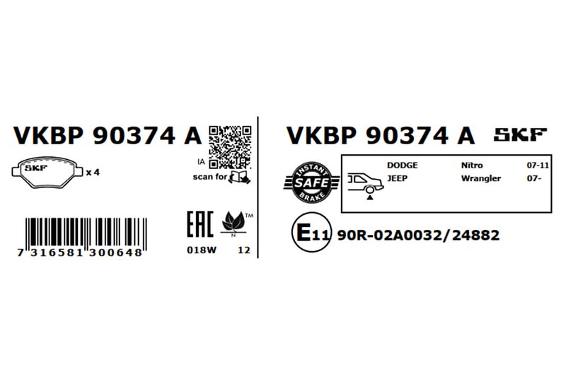 SKF VKBP90374A Комплект гальмівних накладок, дискове гальмо