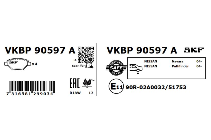 SKF VKBP90597A Комплект гальмівних накладок, дискове гальмо