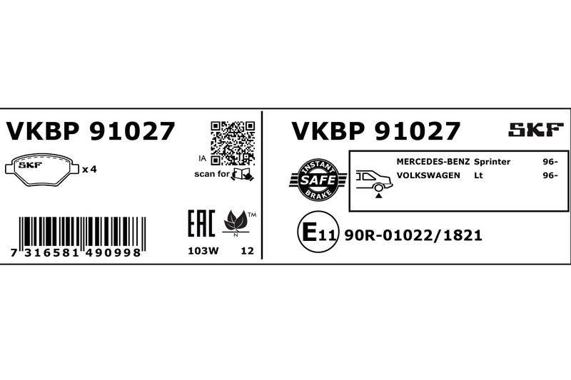 SKF VKBP91027 Комплект гальмівних накладок, дискове гальмо