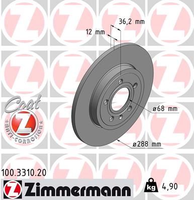 Zimmermann 100331020 Диск гальмівний (задній) Audi A4 04-09/Seat Exeo 08- (288x12) (з покриттям) (по