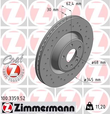 Zimmermann 100335952 Диск гальмівний (передній) Audi A6 12-18 (345x30) (з покриттям) (вентильований)