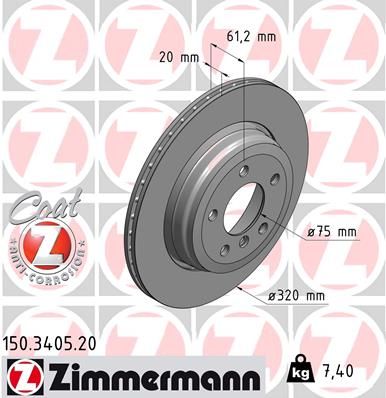 Zimmermann 150340520 Диск гальмівний (задній) BMW 5 (E60/E61)/6 (E64) 2.0-3.0i/2.0-3.0d 03-12 (320x2