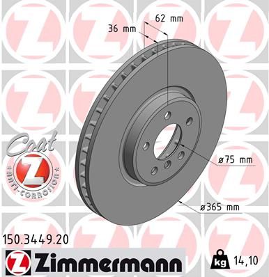 Zimmermann 150344920 Диск гальмівний (передній) BMW X5 (E70) 07-10/X6 (E71) 06-19 (365x36) (з покрит