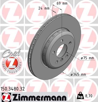 Zimmermann 150348032 Диск гальмівний (задній) BMW 5 (F10/F11)/6 (F06/F13)/ 7 (F01-04) 09- (345x24) (