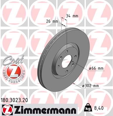 Zimmermann 180302320 Диск гальмівний (передній) Citroen C4/ Peugeot 207/307 1.6-2.0i 04- (302x26) (з