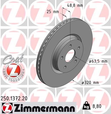 Zimmermann 250137220 Диск гальмівний (передній) Ford Focus/ Kuga II 07-/Connect 13- (320x25) (з покр