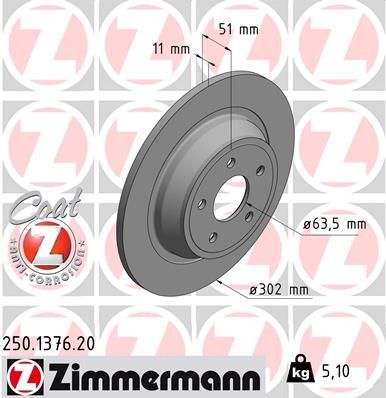 Zimmermann 250137620 Диск гальмівний (задній) Ford Mondeo V 14- (302х11) (з покриттям) (повний)