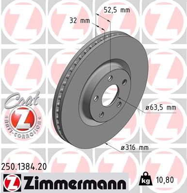Zimmermann 250138420 Диск гальмівний (передній) Ford Galaxy III/S-max 15- (316x32)