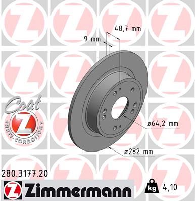 Zimmermann 280317720 Диск гальмівний (задній) Honda Accord VIII 08- (282x9) (з покриттям) (повний)