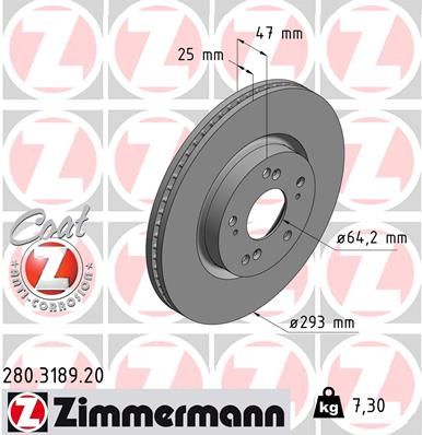 Zimmermann 280318920 Диск гальмівний (передній) Honda Civic IX R16 (293x25) (з покриттям) (вент)
