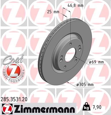Zimmermann 285353120 Диск гальмівний (передній) Hyundai Tucson/ I30/ Kia Ceed/Sportage 15- (305x25)