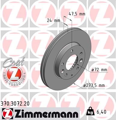 Zimmermann 370307220 Диск гальмівний (передній) Mazda 323/626/6 97-13/Premacy 99-05 (274x24)