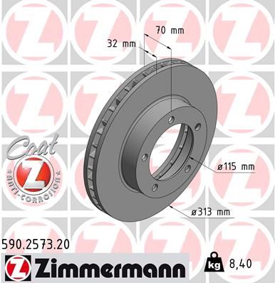 Zimmermann 590257320 Диск гальмівний (передній) Toyota Land Cruiser 100 4.2TD/4.7 98-07 (313x32) (з