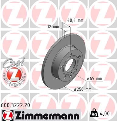 Zimmermann 600322220 Диск гальмівний (задній) VW Caddy III 04-15 (256x12) (з покриттям) (повний)