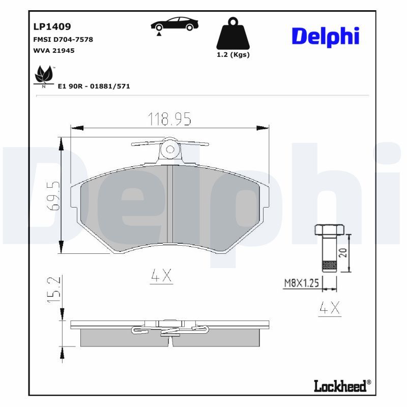 LP1409 Delphi Колодки гальмівні (передні) Seat Cordoba/Ibiza/VW Caddy/Golf/Polo 91-04 (Trw)