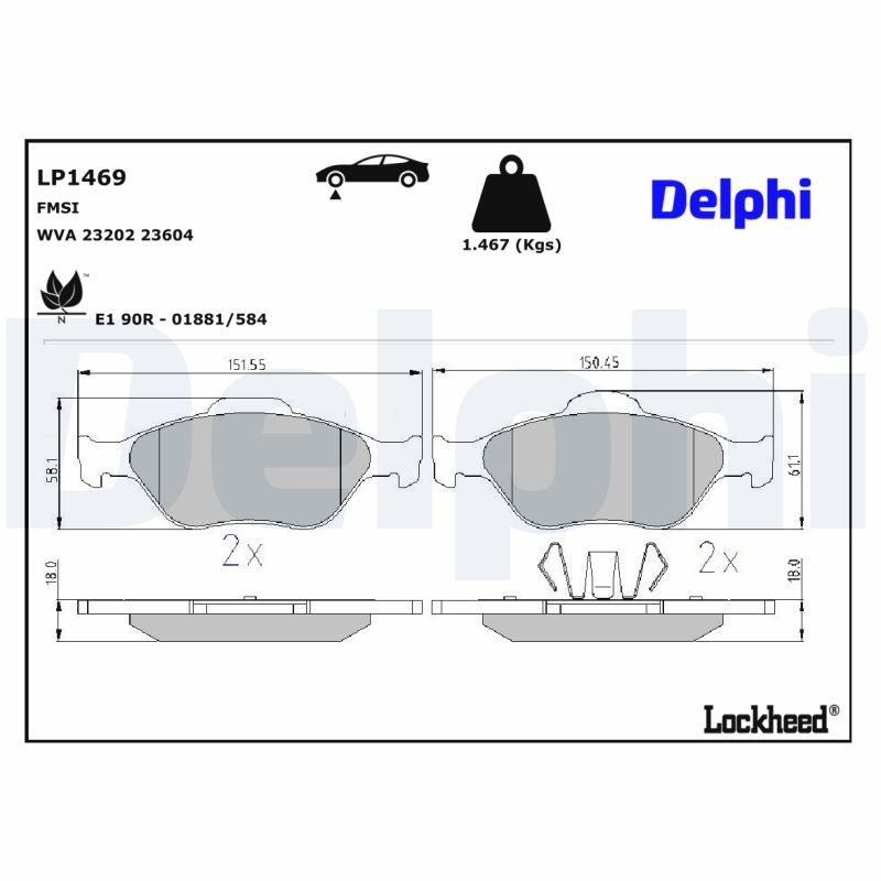 LP1469 Delphi Колодки гальмівні (передні) Ford Connect 02-13/Fiesta/Puma 95-03/Focus 02-04/Ka 01-08
