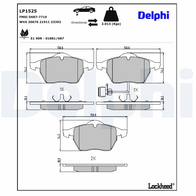 LP1525 Delphi Колодки гальмівні (передні) Audi A3/TT/Seat Leon/Skoda Octavia/VW Golf 96-10 (+датчик)