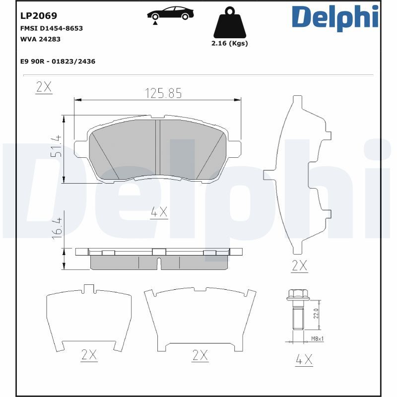LP2069 Delphi Колодки гальмівні (передні) Ford Fiesta 08-/Mazda 2 07-15 (з прижимною пластиною)