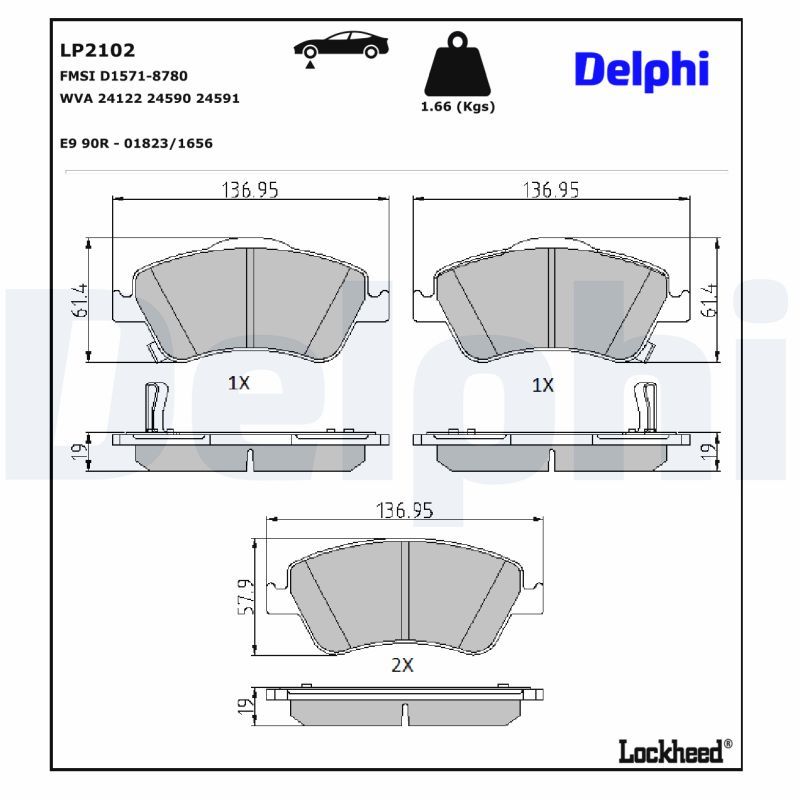 LP2102 Delphi Колодки гальмівні (передні) Toyota Auris 06-12/Corolla 06-14
