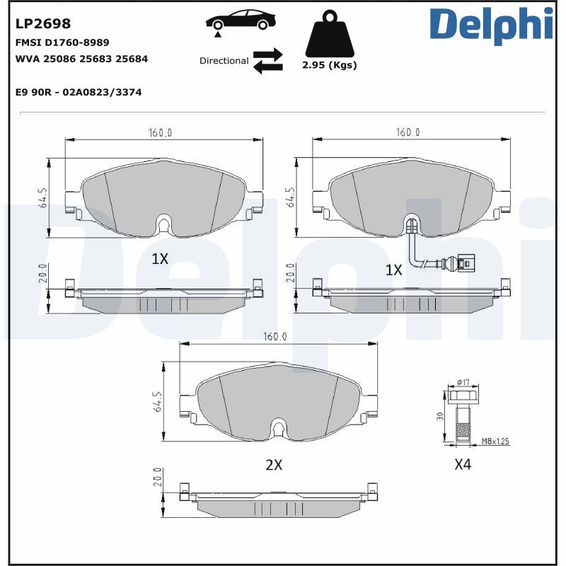 LP2698 Delphi Колодки гальмівні (передні) VW Caddy IV/Golf VII/Passat B8/Skoda Octavia (з датчиком)